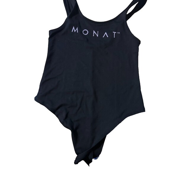 Monat Gear Bodysuit Sz S Logo Print Sleeveless Compression Black Yoga Cheeky New - Picture 1 of 3